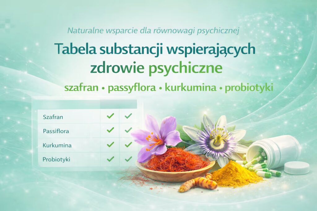 Tabela substancji wspierających zdrowie psychiczne —&nbsp;szafran, passyflora, kurkumina, probiotyki