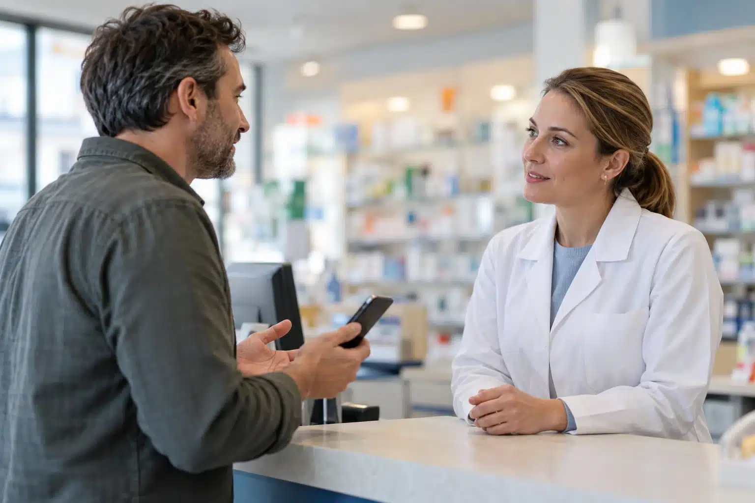 Pacjent rozmawia z farmaceutką przy ladzie w aptece, trzymając telefon