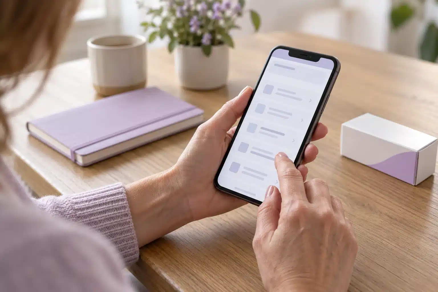 Kobieta przegląda telefon przy stole, obok leżą notes i opakowanie leku